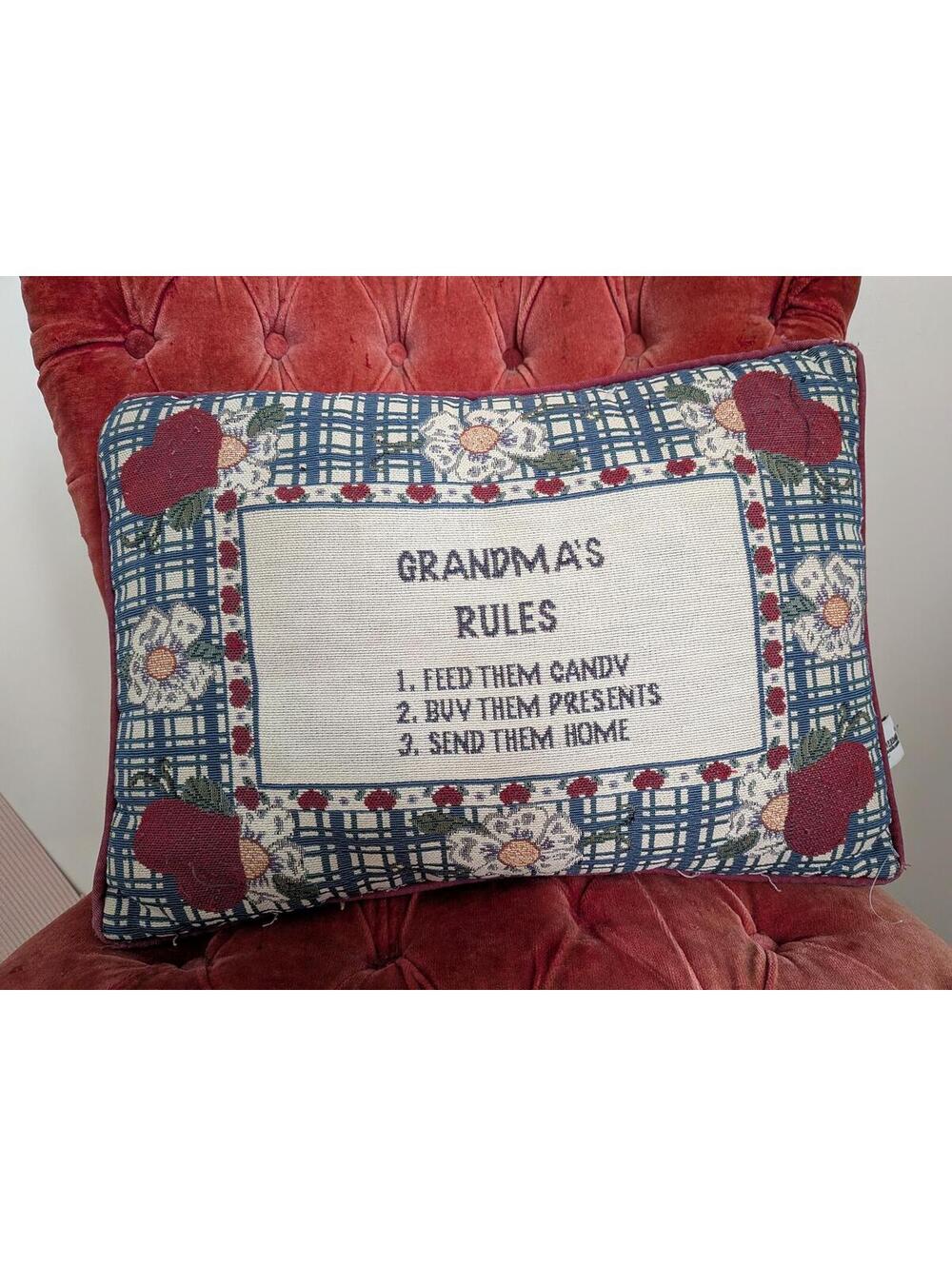 Vintage Tapestry Fabric Throw Pillow "Grandma's Rules" Granny Core Cozy Cottage